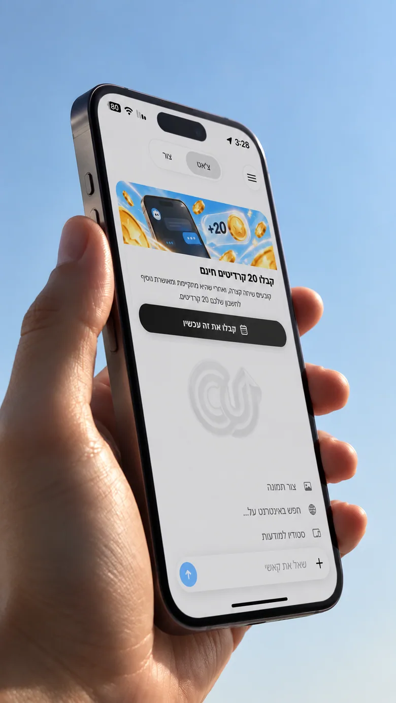 מוקאפ של מסך הבית של CashUp בטלפון ביד על רקע כחול, כולל באנר לקבלת 20 קרדיטים